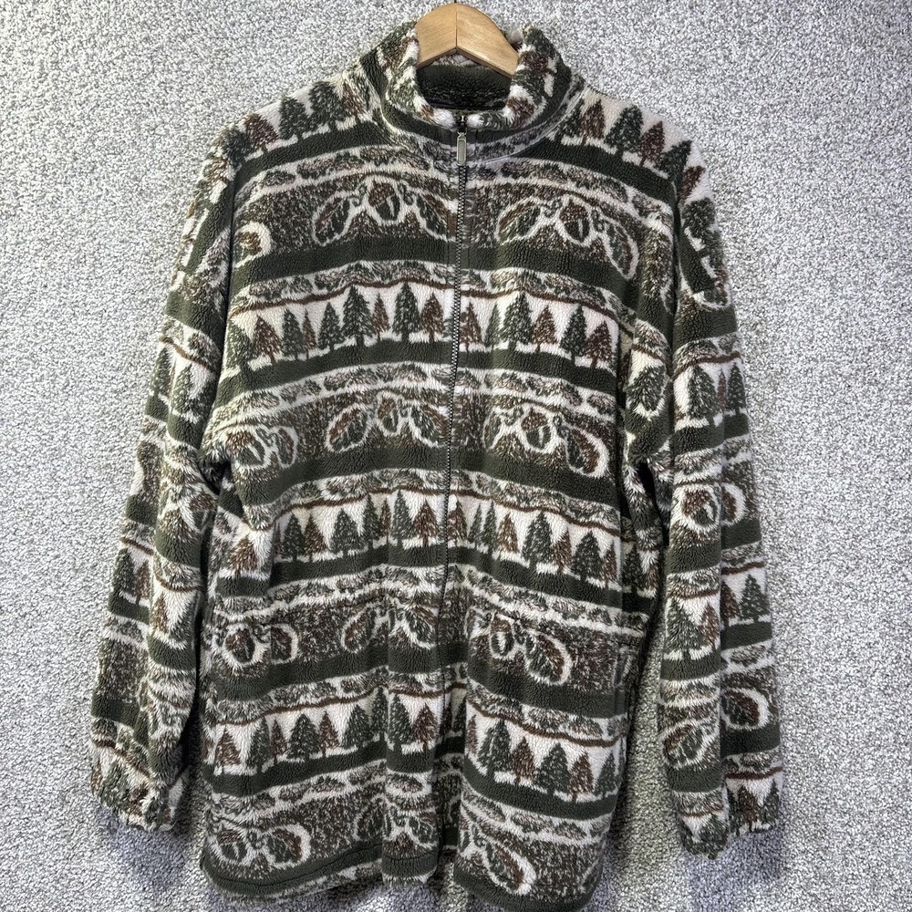 Alps Jacket Womens Large Green Fleece Full Zip‎ Moose Tree Print Outdoor Cozy